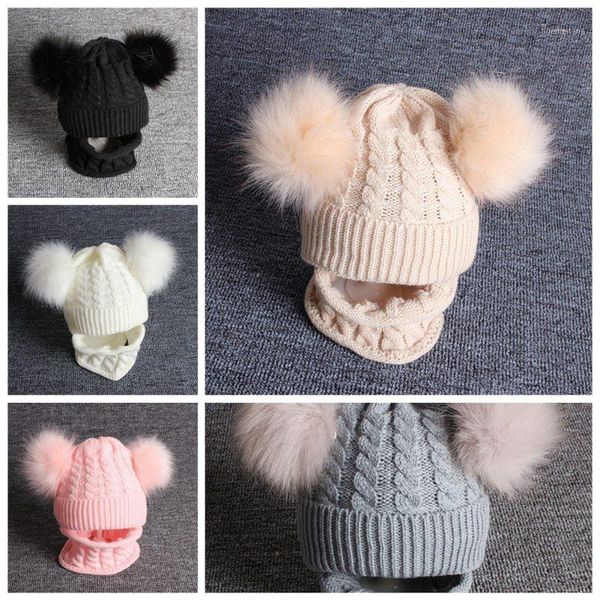 

double pompom baby hat knitted winter kids baby boy girl hat warm toddler children beanie cap boys girls1, Slivery;white