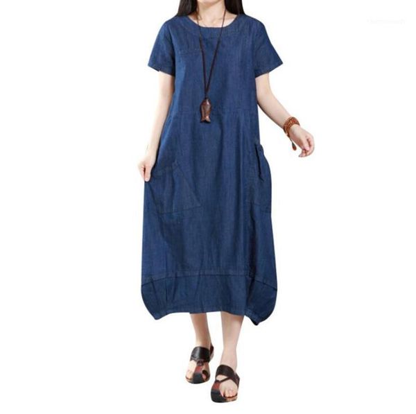

casual dresses explosion models large size loose blue solid color dress round neck women's short-sleeved denim female1, Black;gray