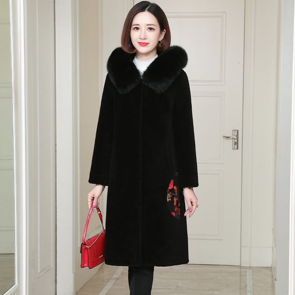 

women's 2021 and clothing large chenille female mid-length new lambskin coat 557b, Black