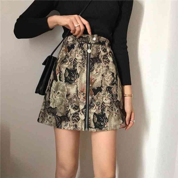 

a-line skirt embroidered cat print skirt spring and summer womens bag hip short high waist, Black