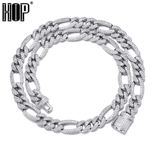 

chains hip hop 10mm iced out box buckle figaro cuban chain copper setting + cubic zirconia stones neacklace for men women jewelry, Silver