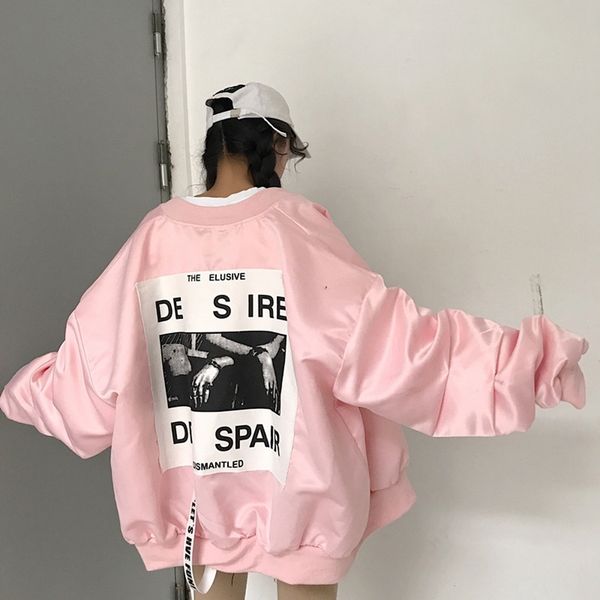 

2020 harajuku bomber jacket women letter print loose coat windbreaker winter spring long sleeve zipper jackets oversized outwear t200111, Black;brown