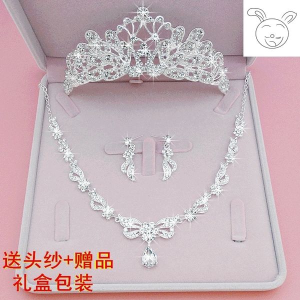 

2020 new bridal headwear three piece crown necklace set knot hair wedding accessories korean style, Silver