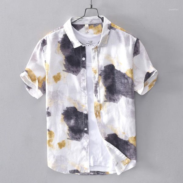 

2019 summer 100% linen shirt men's short sleeved shirts breathes cool shirts1, White;black