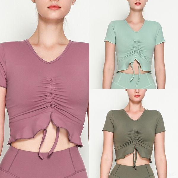 

lvxhe new drawstring v-neck sports yoga with lotus leaf hem short clothes t-shirt short-sleeved clothes t-shirt chest pad naked yoga clot