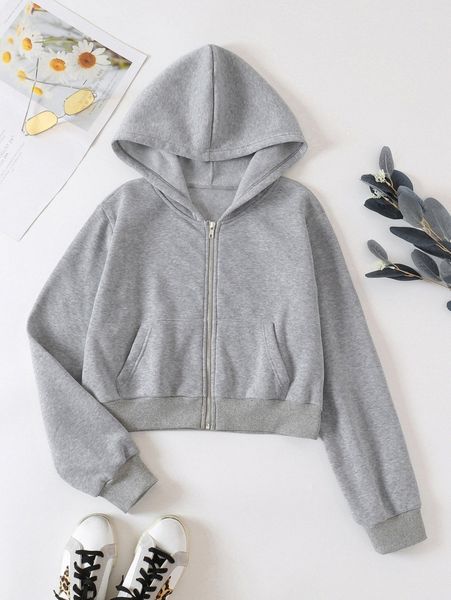 

solid zip up drop shoulder crop hoodie 59o8#, White;black