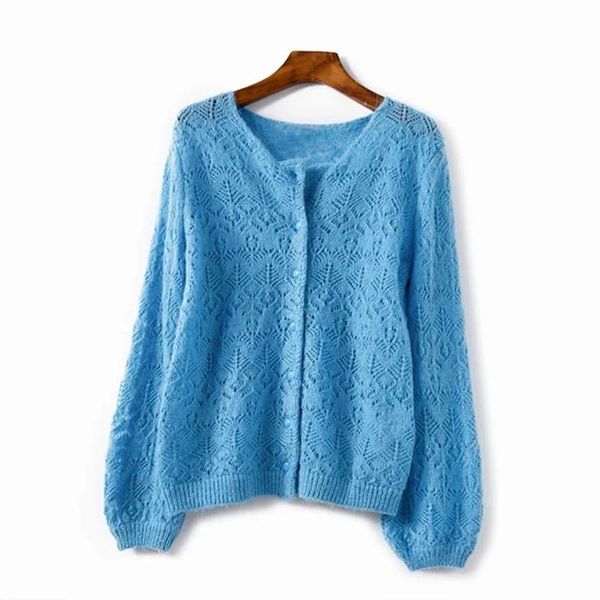 

2020 new women hollow out knitted cardigan o-neck lady thin mohair sweater single-breasted soft knitwear outwear top, White