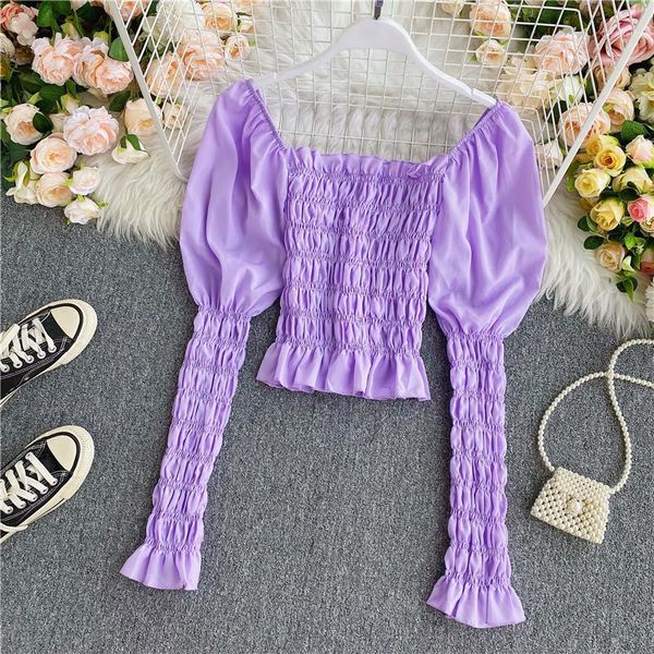 

new women fold blouse spring autumn puff sleeved square neck chiffon blouse ladies korean boho shirts korean sweet, White