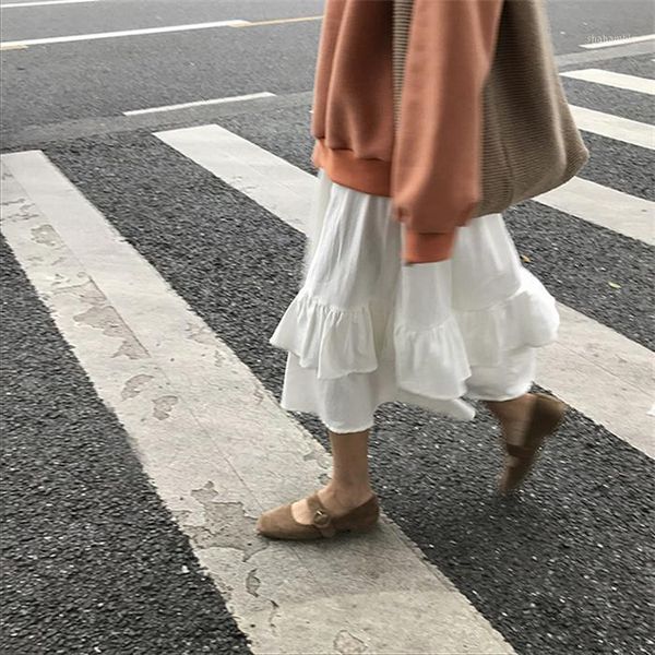 

solid color midi skirt white ruffled pleated skirt woman skirts mujer faldas saias mulher1, Black