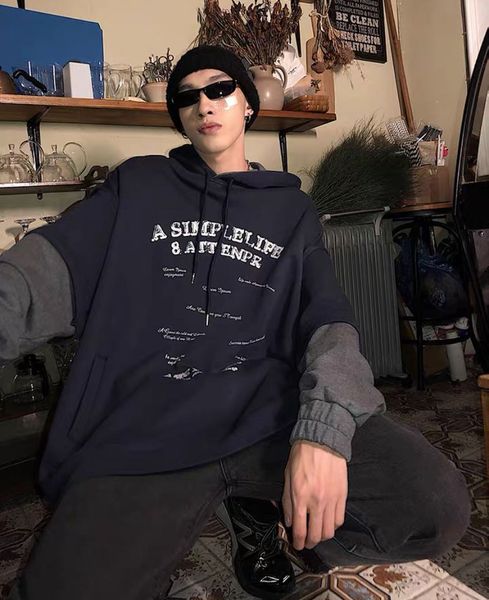 

fake two-piece hoodie men fall trend brand ins hoodie korean edition loose port wind printing hoodie jacket trend, Black