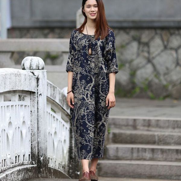

casual white blue ink women's print loose linen cotton and maxi dress