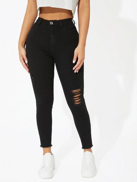 

petite high waisted ripped raw hem skinny jeans 06km#, Blue