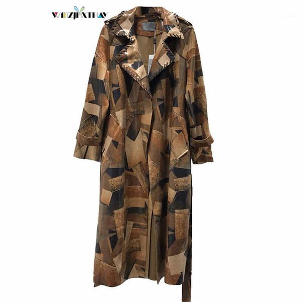 

women's trench coats 2021 autumn women fashion leisure threading lapel girdle coat chamois velvet bump windbreaker loose jacket, Tan;black