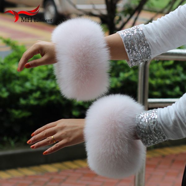 

2019 genuine fox cuff arm warmer lady bracelet real wristband glove raccoon fur cuffs, Blue;gray