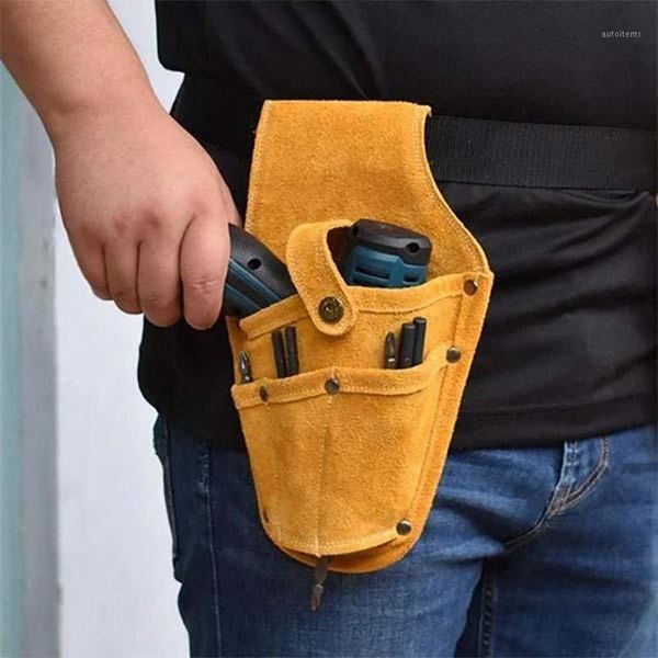 

cowhide wearable waist pack electric drill bag screws nails drill bit fishing travel storage bags with belt multi-function1
