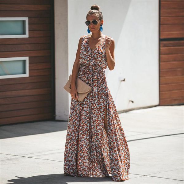 

dress women vintage floral printed summer dress sleeveless v neck plus size split maix women dresses for vacation 2019 new, Black;gray