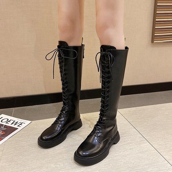 

boots black knee high lace up women shoes chunky motorcycle winter platform long botas mujer 2021