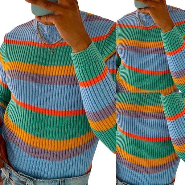 

men's new fashion casual men's rainbow stripes color matching slim round neck warm knitted sweater p color1, White;black