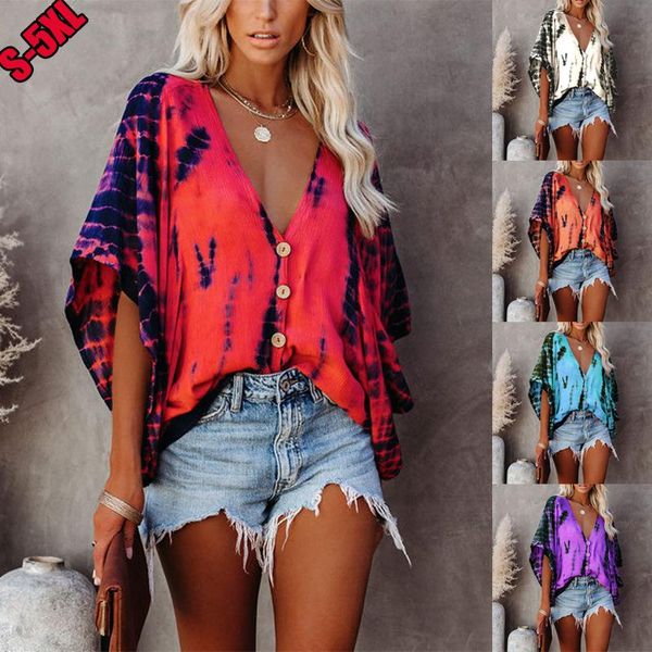 

2020 new design plus size women blouse v-neck long sleeve bat sleeve tie-dye print loose casual shirts womens and blouses, White