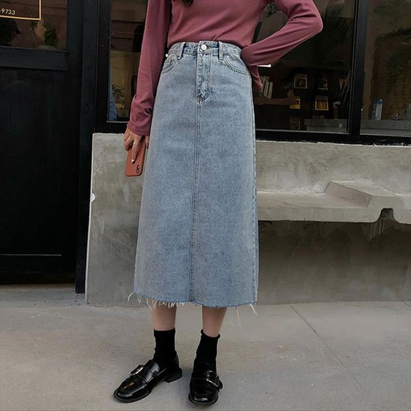

vintage tassel pencil denim skirts women split light blue high waist korean long midi skirt casual jeans skirt plus size w381, Black