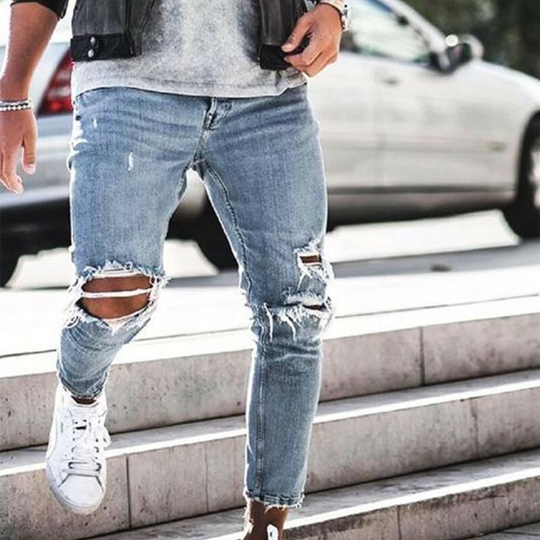

men's jeans ripped men fashion destroyed frayed skinny homme slim distressed denim pencil pants streetwear pantalones vaqueros, Blue
