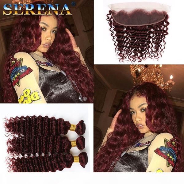 

bright #99j wine red deep wave virgin hair with 13x4 lace closure 4pcs lot 9a burgundy deep curly human hair bundles with 13x4 frontal, Black;brown