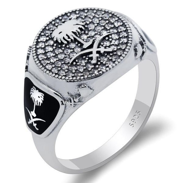 

new 925 sterling silver ring for men women double swords man ring with clear cz palm tree vintage islamic turkish jewelry, Golden;silver