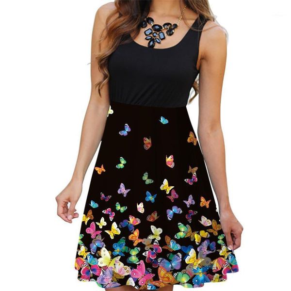 

summer tank mini elastic waist dress women boho o-neck 3d butterfly print dress casual sundress ladies tunic robe vestidos1, Black;gray