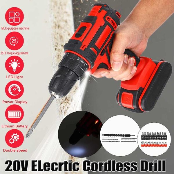 

professiona electric drills 3 in 1 20v cordless screwdriver drill impact power tools hammer hand+1/2 battery