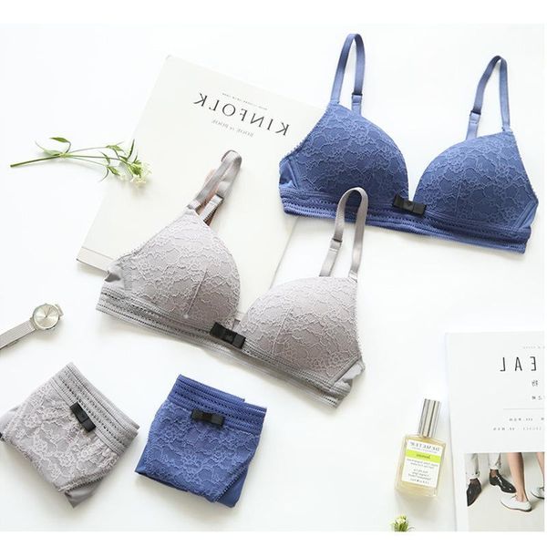 

wasteheart 2020 new women fashion blue gray wireless bra sets lace trim straps cotton panties lingerie sets underwear1, Red;black