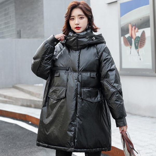 

women's down & parkas oversized winter hooded fashion plus size thick cotton jacket women stand collar shiny loose bubble coats, Black