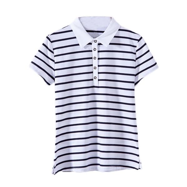 

women's polos 2021 summer striped casual slim lapel short-sleeved shirt blended fabric fashion slit large size, White