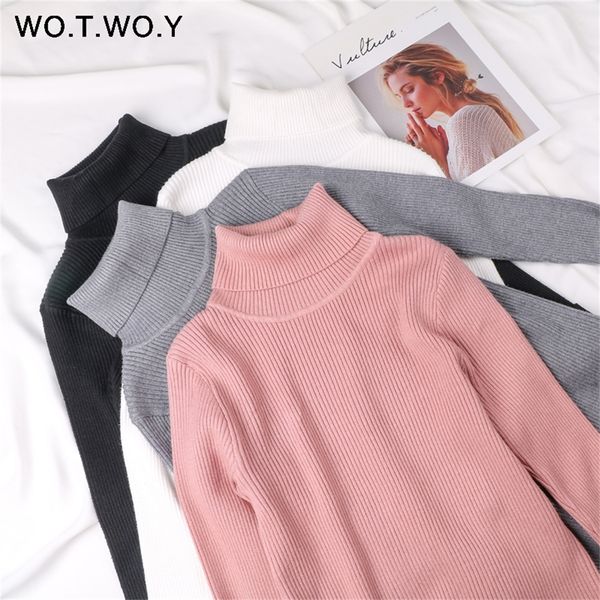 

wotwoy 13 colors solid basic knitted sweaters women 2020 autumn winter long sleeve casual turtleneck pullover female pink jumper lj200815, White;black