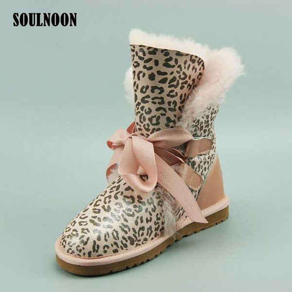 

women sheepskin leather snow boots lace-up winter natural wool fur ankle boots woman fashion leopard warm shoes botas mujer, Black
