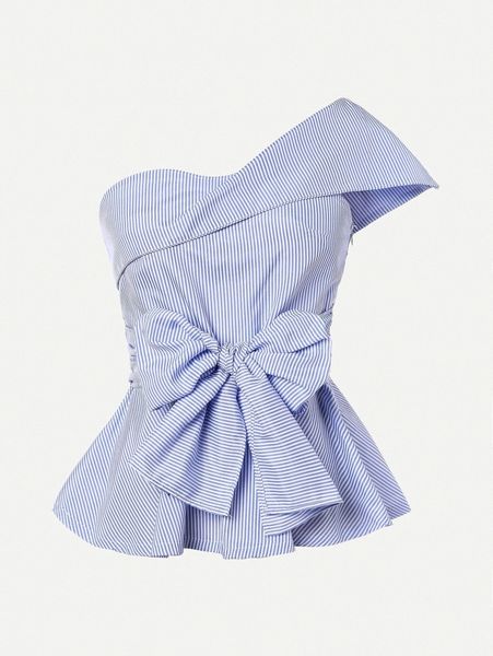

pinstriped one-shoulder bow peplum g81w#, White