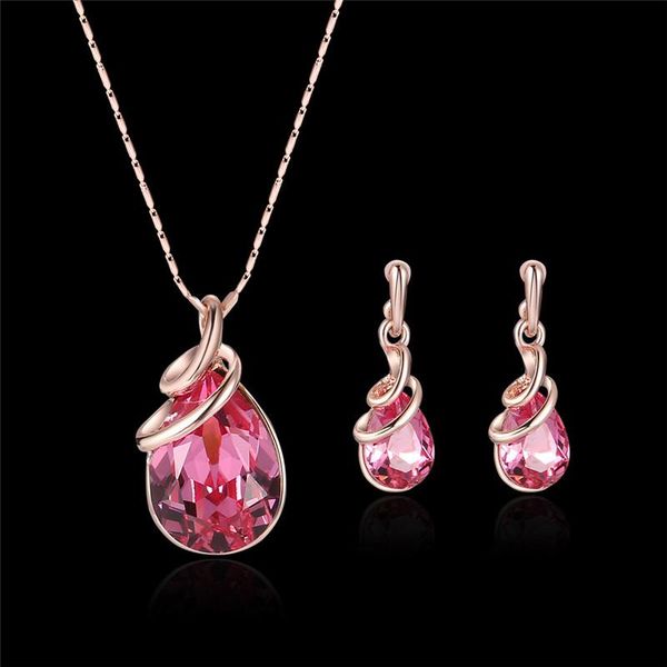 

rose pink water drop crystal circle jewelry sets gold color earrings and necklace sets for women enagement jewelry, Silver