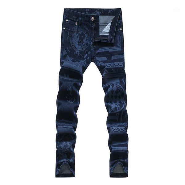 

men's fashion lion plaid print jeans slim blue stretch denim pencil pants colored drawing long trousers1