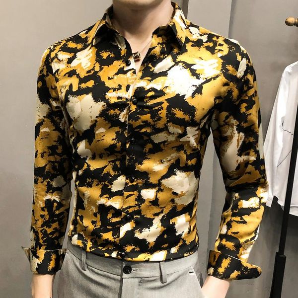 

british style men golden camouflage print long sleeve shirt streetwear luxury flower shirt slim fit men ropa hombre casual, White;black