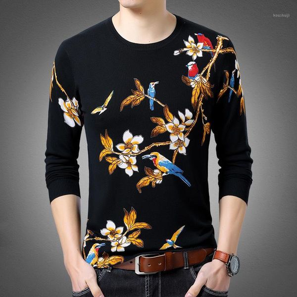 

chinese style floral birds pattern print streetwear knit sweater autumn new high-quality soft comfortable thin sweater men -3xl1, White;black
