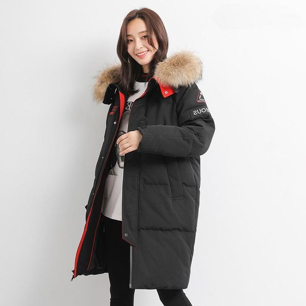 

down jacket female sports parka hooded winter coat women raccoon fur collar long coats canada style parkas mujer my15301, Black