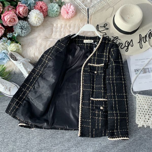 

2021 new women's retro tweed with english style v-style cleavage plus size korean autumn elegant loose black wool jacket lurex chess gg, Black;brown