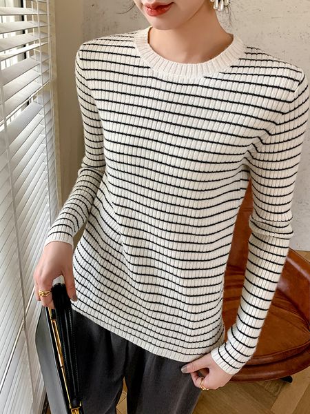 

2021 fashion new striped female 100% pure knitted sweater oneck woman jumpers okp9, White;black