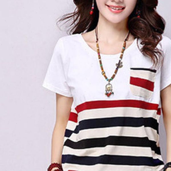 

women loose plus size t shirt polyester striped o neck short sleeved pocket casual summer camiseta mujer female t shirt, White