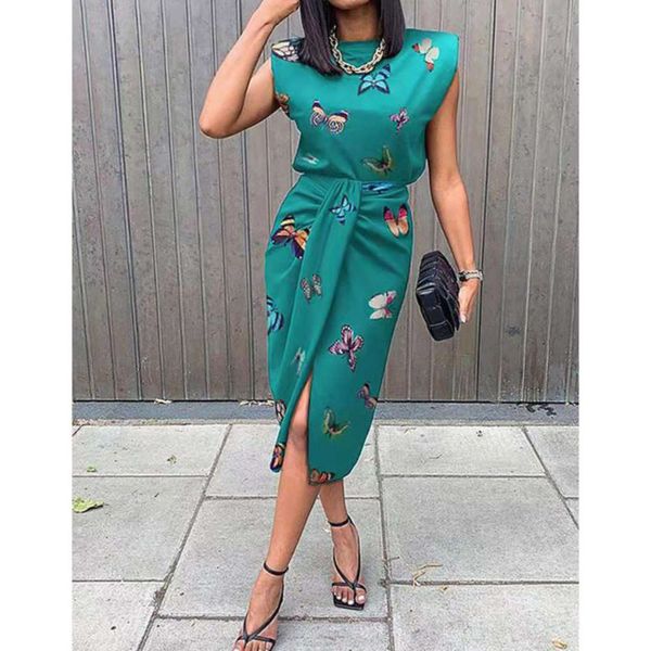 

2020 new butterfly print wide shoulder waist with kink high slit skirt, Black;gray