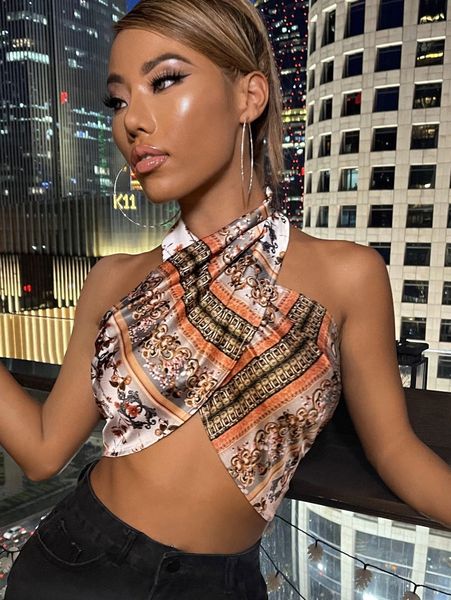 

scarf print cross wrap tie back halter i0qc#, White