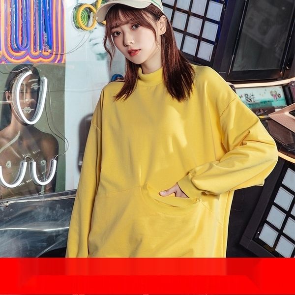 

ikksm fake two-piece long sweater sweater women's loose korean style autumn and winter sleeve 2020 autumn new half-high collar fashion, Black