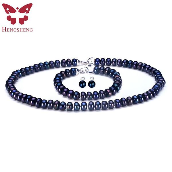 

hengsheng 2020 new black pearl jewelry set for women,natural black pearl stud earrings&bracelet&necklace fashion jewelry sets, Silver