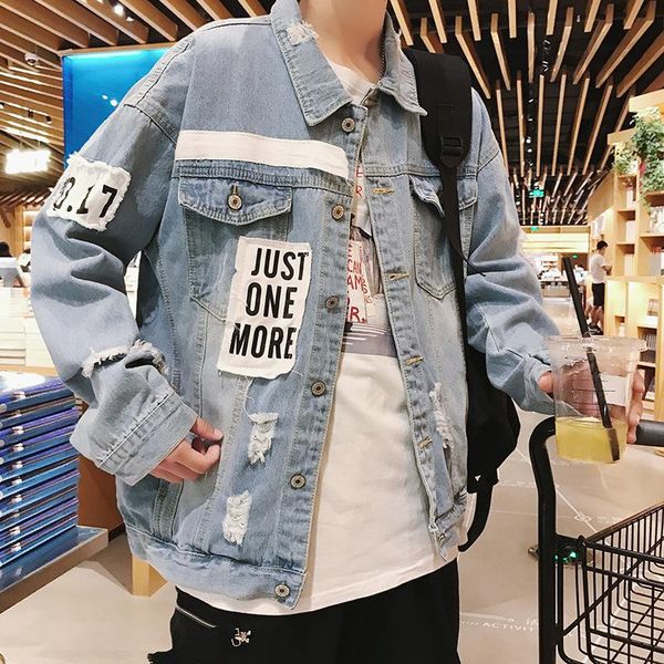 

spring autumn mens fashion hole denim jackets bf applique letter korean style loose buttons long sleeve windbreaker outdoor sports clothe, Black;brown
