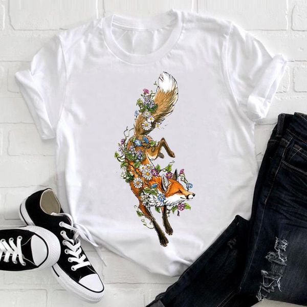 

women short sleeve fox animal 4xl floral plus size flower trend style clothes ladies graphic print tee tshirt female t-shirt, White