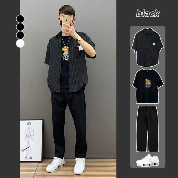 

brand loose striped shirt men's short korean version handsome big size fashion ins casual 5.5 half sleeve lining clothes